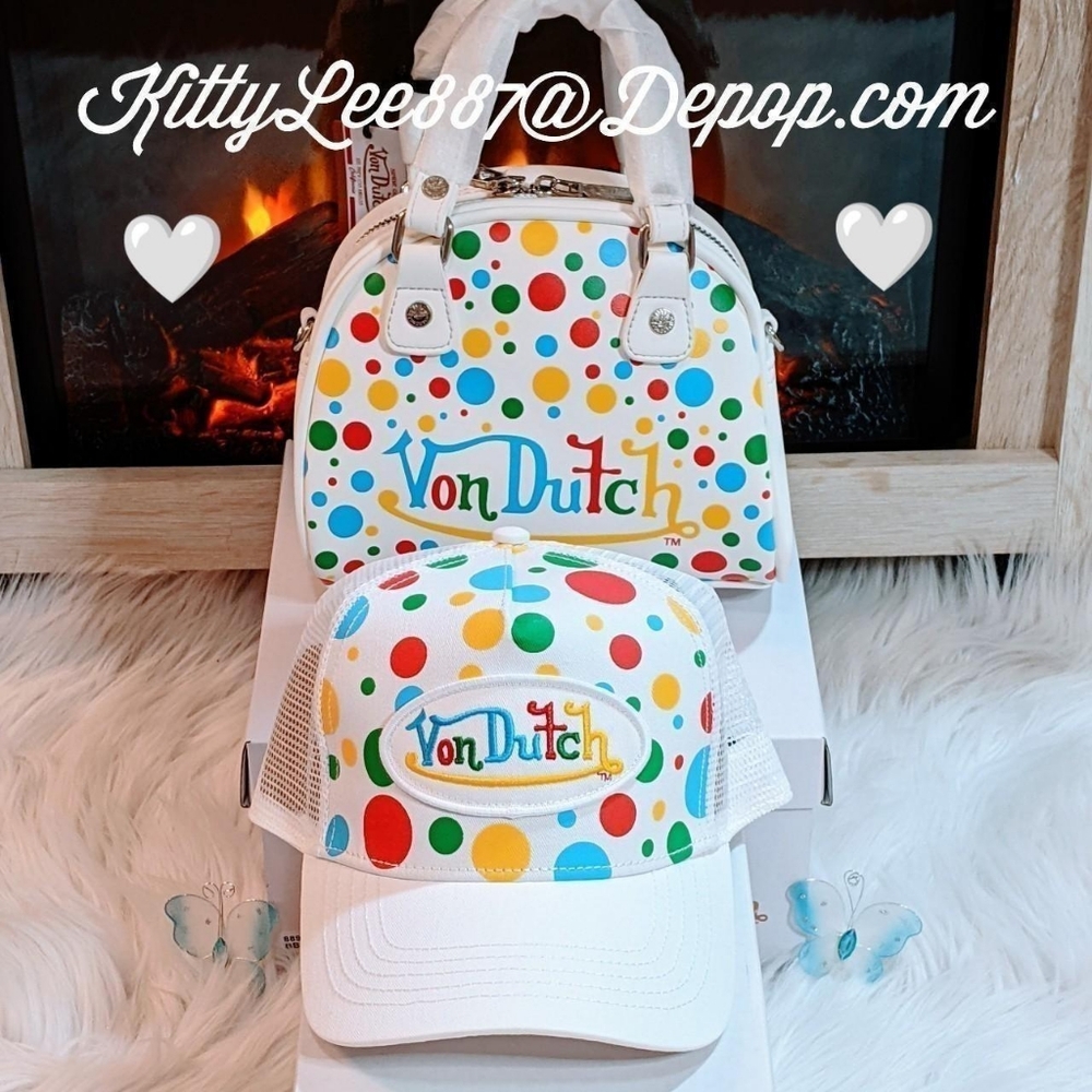 Von Dutch White Polkadot Bag with  matching Hat Bundle